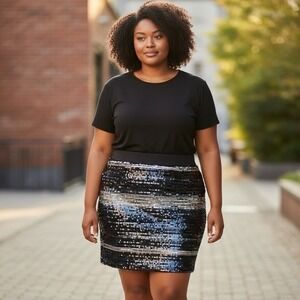 Baby Phat Black Silver Bronze Sequin Striped Skirt Bling Y2K Size 3X‎ Party